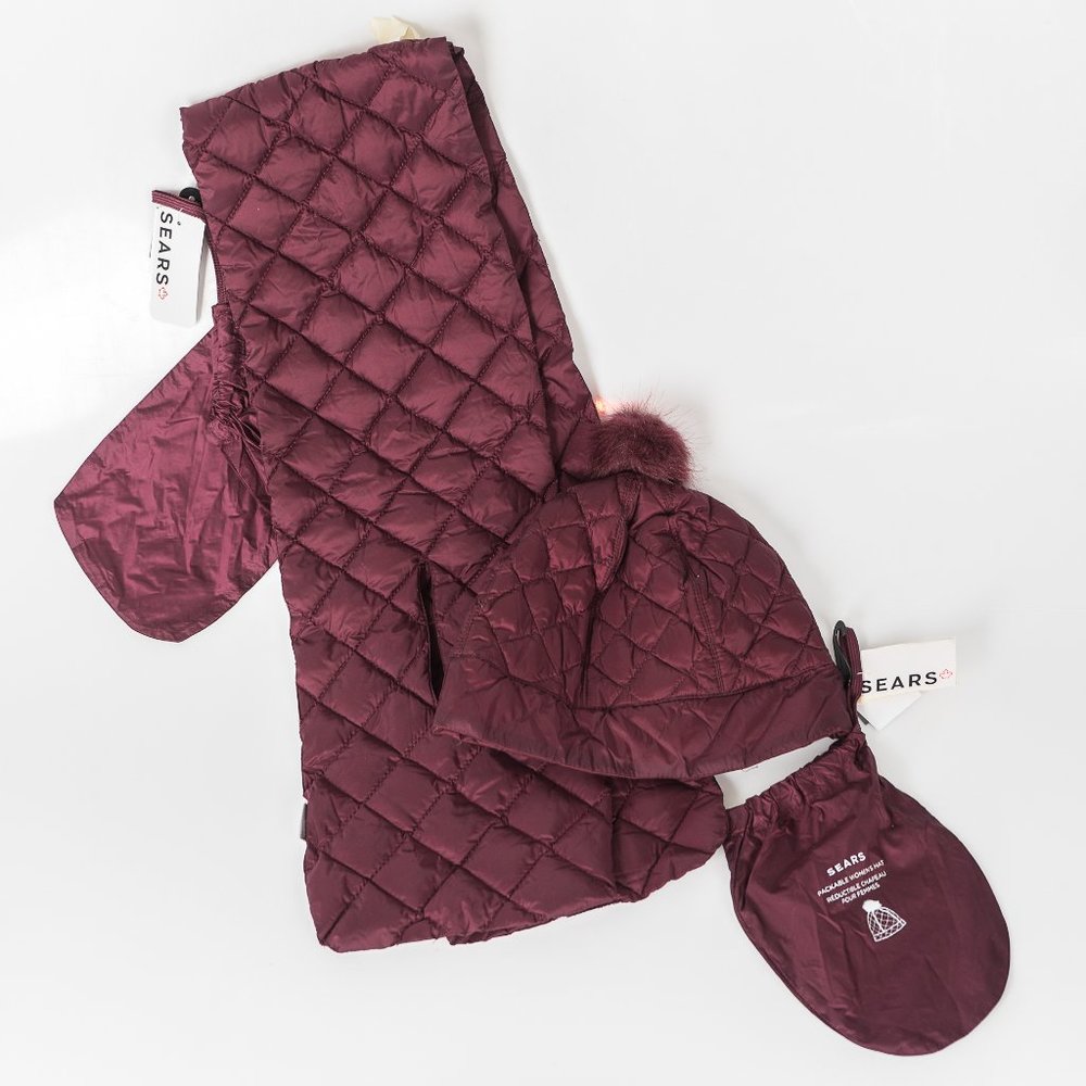 NWT DOWN quilted packable feather scarf + hat- S/M
